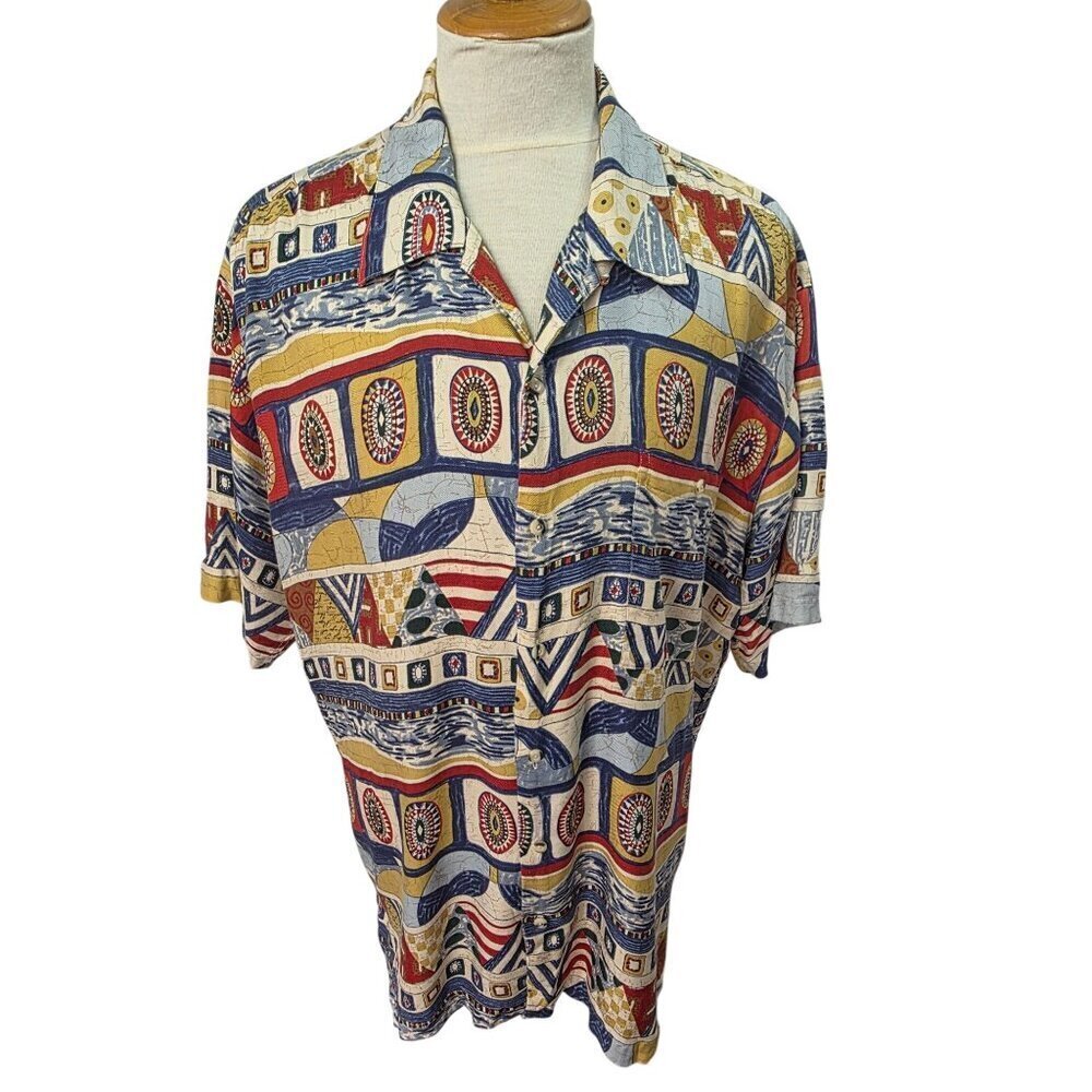 Vintage Campia Casual Pure Silk Shirt Mens XL Colorful Abstract Artwear 1990s